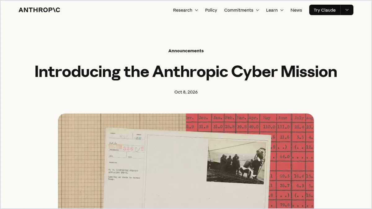 צילום מסך מעמוד ההכרזה הרשמי של Anthropic על Anthropic Cyber Mission