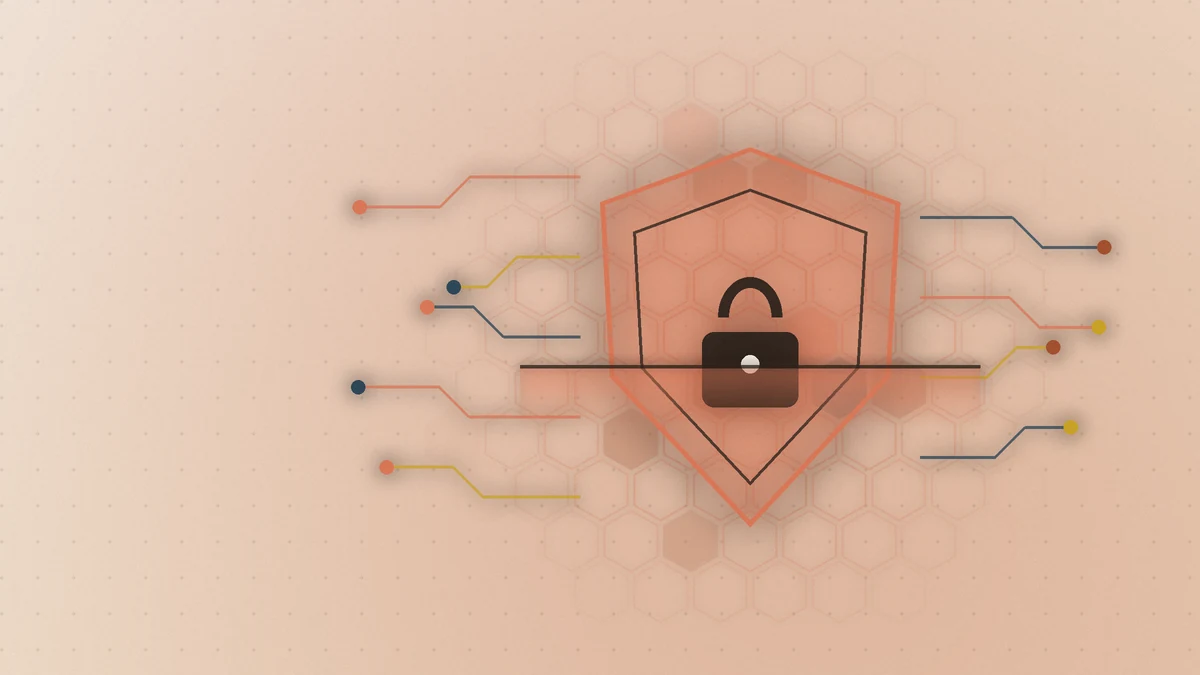 Illustration: an orange shield with a padlock at its center on a light sand background with a hexagon grid, with colored circuit lines connecting to it from both sides, suggesting secure, gated access to cyber tools