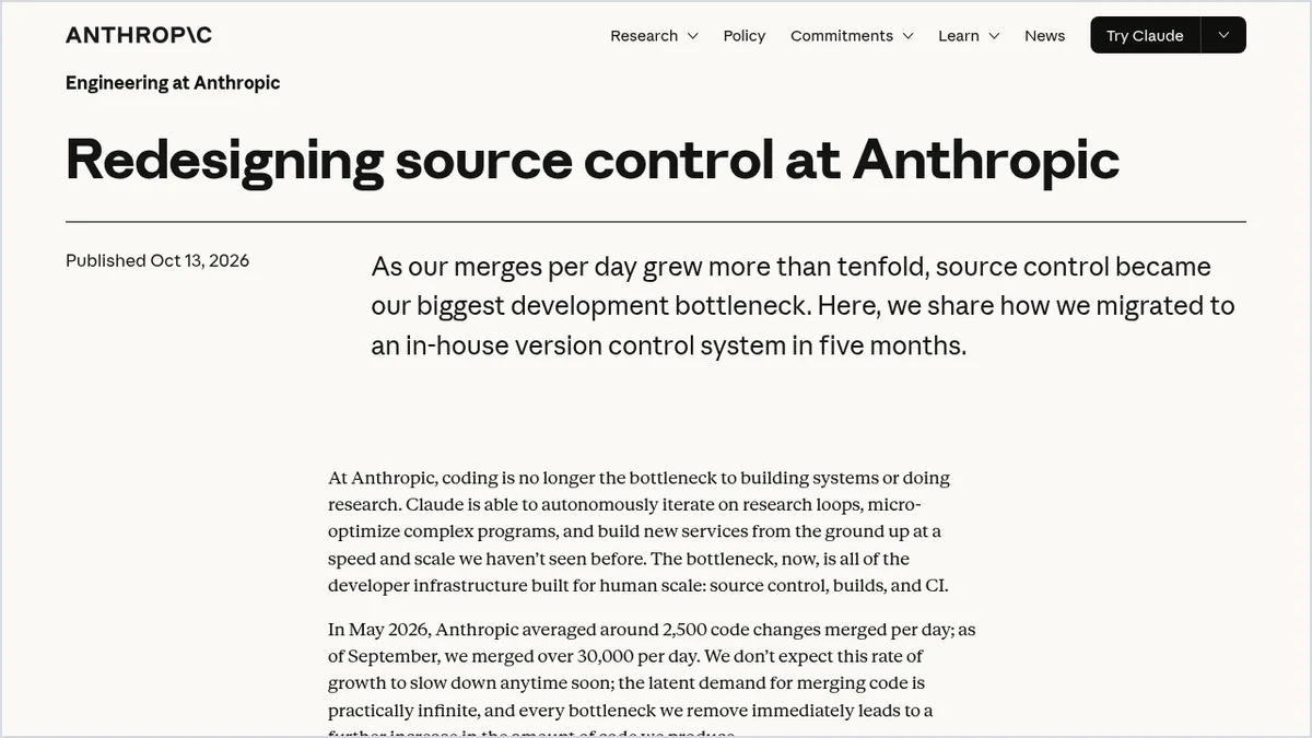 Screenshot of Anthropic's official engineering post on Scion, the company's new in-house version control system