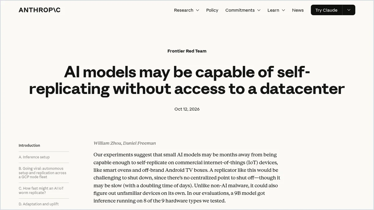צילום מסך מעמוד המחקר הרשמי של Anthropic על Anthropic self-replicating AI ושכפול מודלים מחוץ לדאטה־סנטר