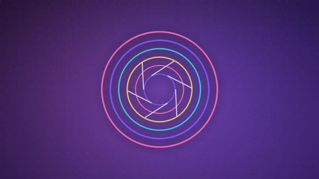 FLUX 3 Image Klein: colorful rings and a camera lens aperture on a purple background, representing an open image model