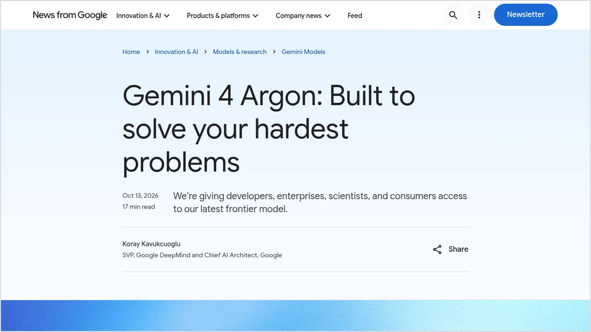 Screenshot of Google's official blog post on the global availability of Gemini 4 Argon