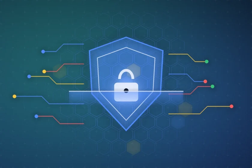 Illustration: a glowing blue shield with a padlock over a hexagon grid and colorful circuit traces, symbolizing cyber defense