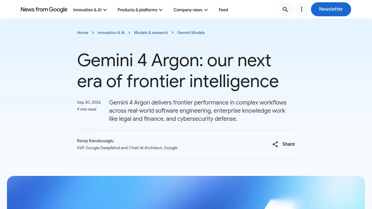 Screenshot of the Gemini 4 Argon announcement page on Google's official blog