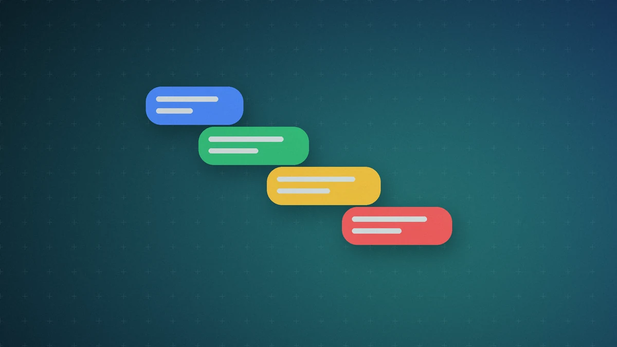 AI Mode: blue, green, yellow and red answer bubbles stepping down a dark background, representing links inside an AI answer