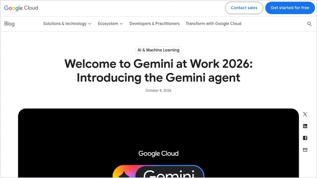 צילום מסך מהבלוג הרשמי של Google Cloud: הכרזת Gemini at Work 2026 על Gemini agent