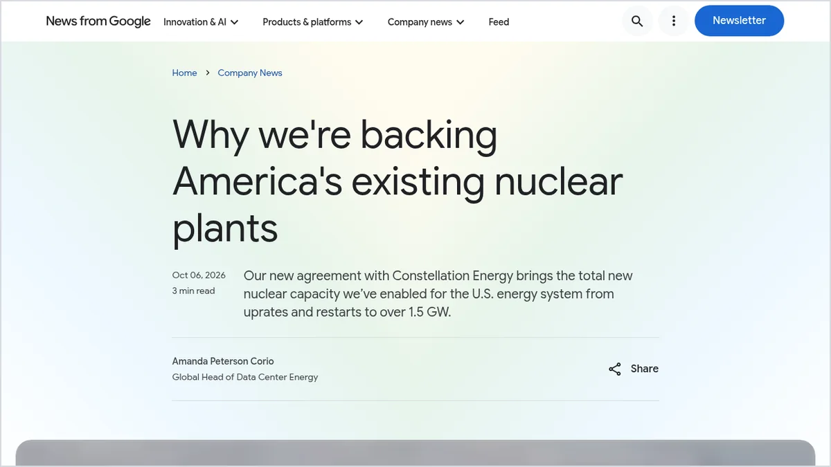 צילום מסך של הפוסט הרשמי של Google על ההסכם עם Constellation Energy לשדרוג תחנות כוח גרעיניות