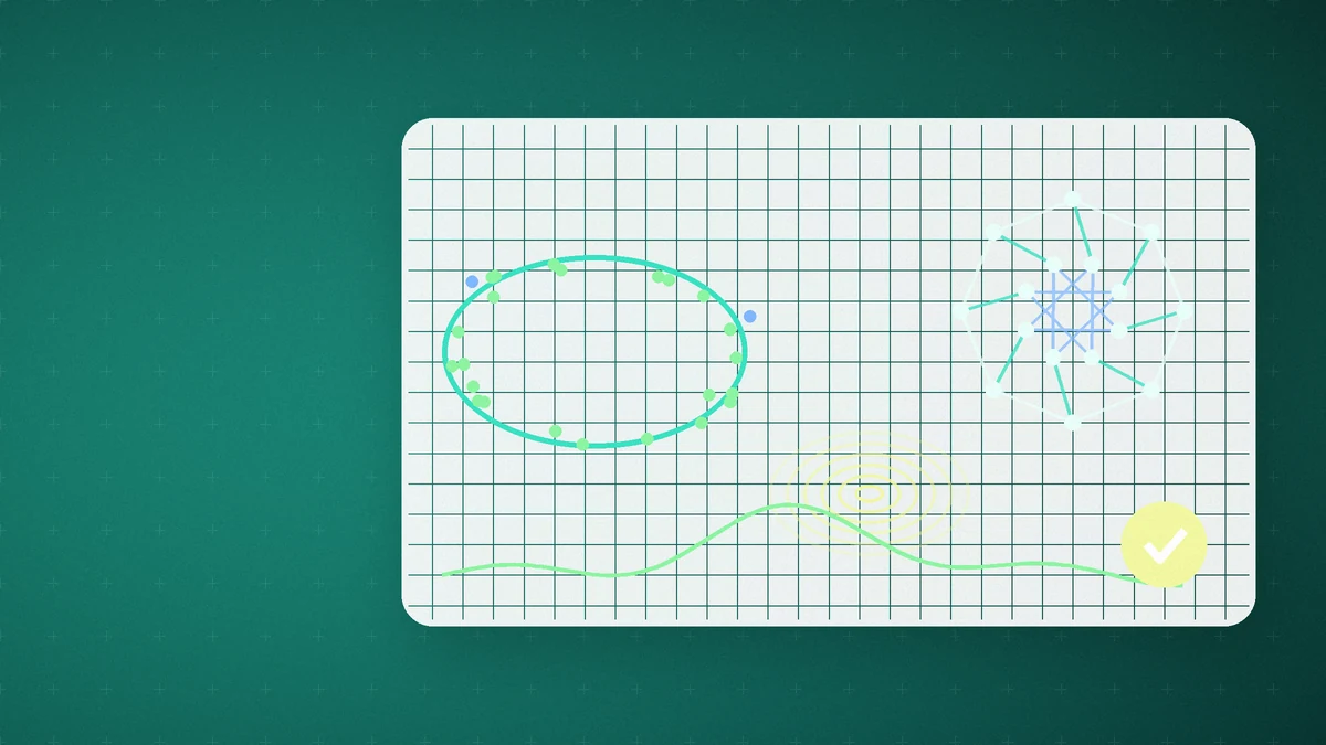 Illustration: a light grid card on a teal background with a ring of dots, a connected network, a wave line and contour rings, suggesting different kinds of data mapped into one space