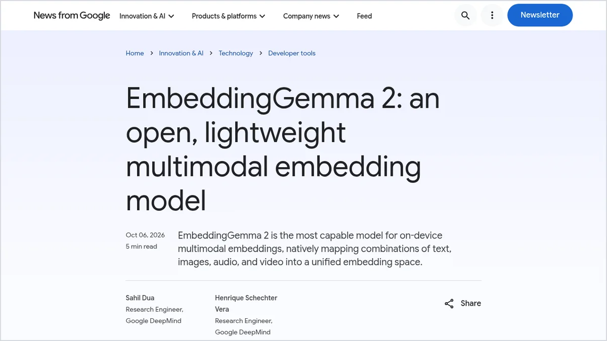 Screenshot of Google's official blog post announcing the open EmbeddingGemma 2 embedding model
