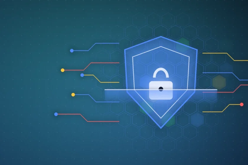 Illustration: a shield in Google tones beside geometric shapes, suggesting verifiable privacy in federated learning