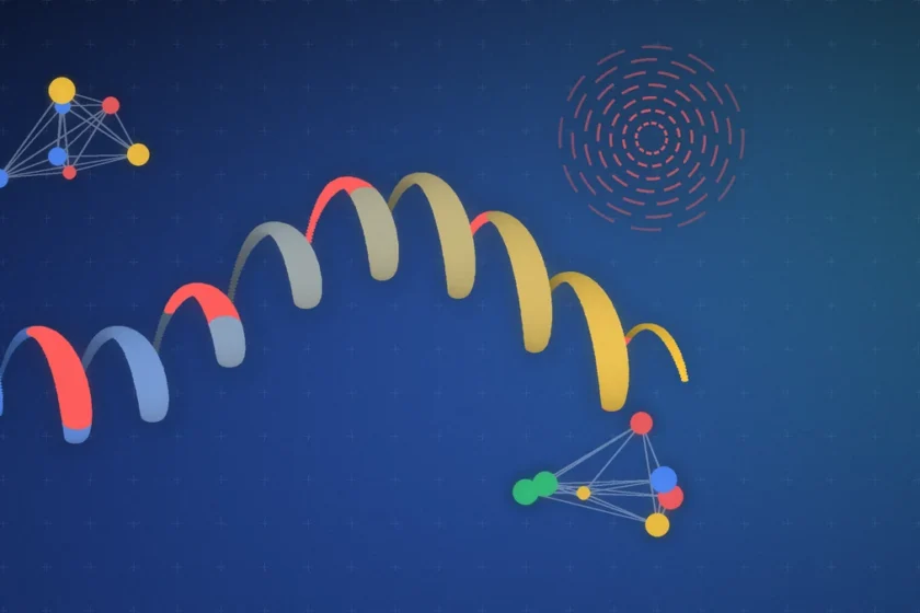 Illustration: molecular shapes in Google tones, suggesting AI-assisted health forecasting