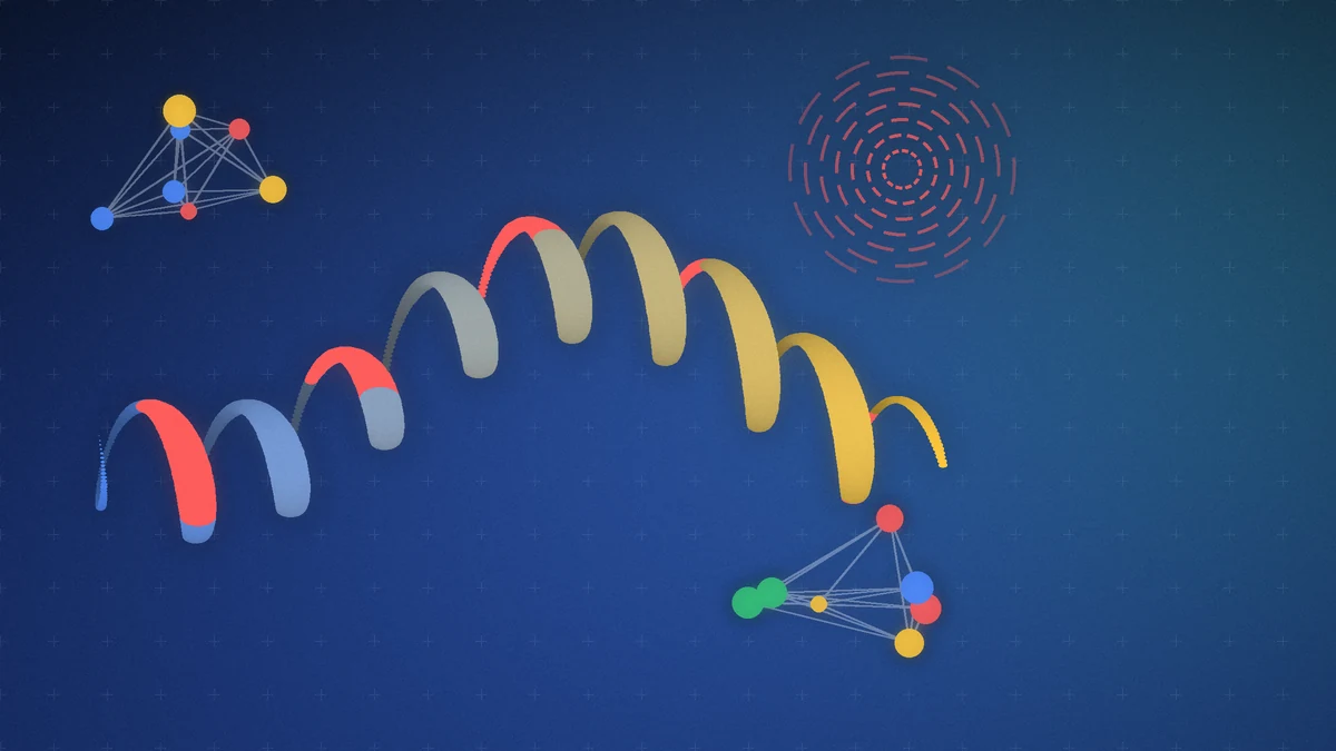 Illustration: molecular shapes in Google tones, suggesting AI-assisted health forecasting