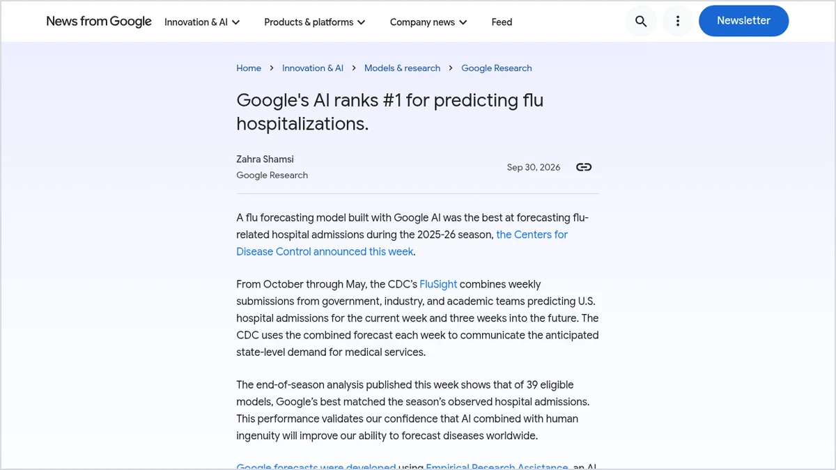 צילום מסך של הודעת חיזוי השפעת בבלוג הרשמי של Google Research