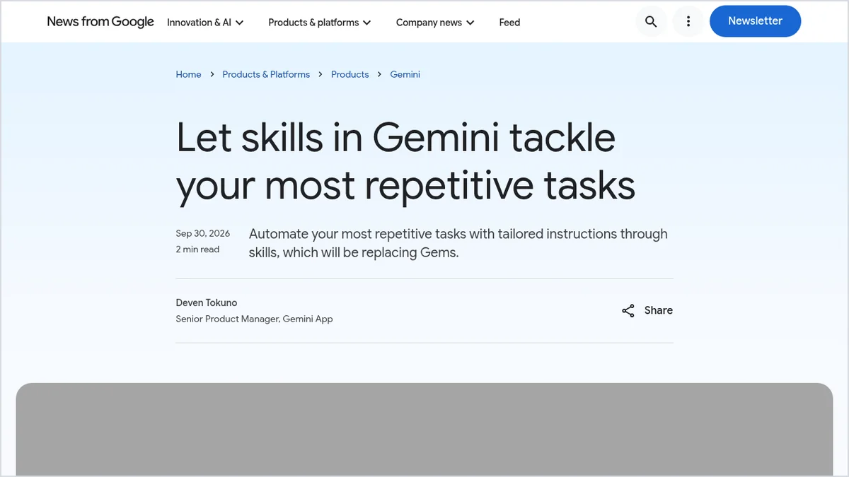 Screenshot of Google's official blog post announcing Skills in Gemini as the replacement for Gems