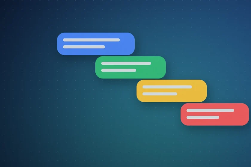 Illustration: colorful chat bubbles in blue, green, yellow and red stepping down across a dark blue background, representing building a game through a conversation with AI