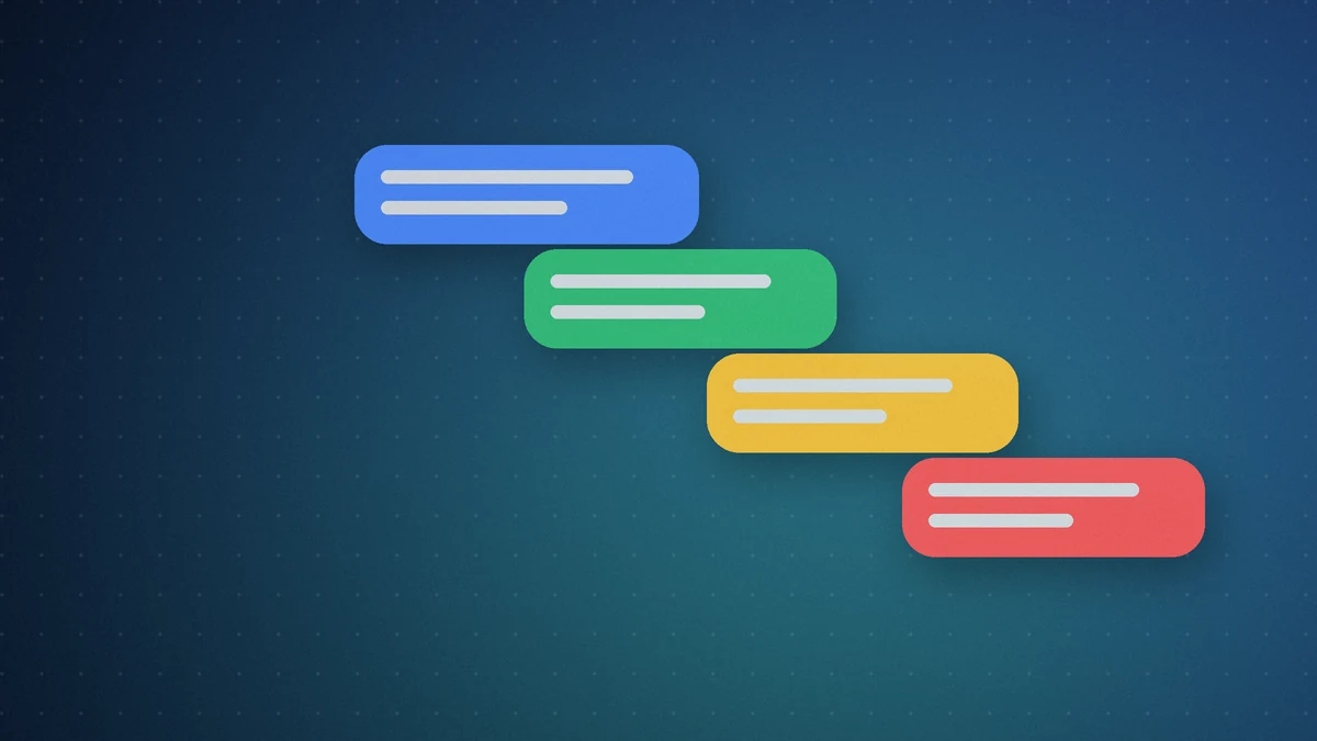 Illustration: colorful chat bubbles in blue, green, yellow and red stepping down across a dark blue background, representing building a game through a conversation with AI