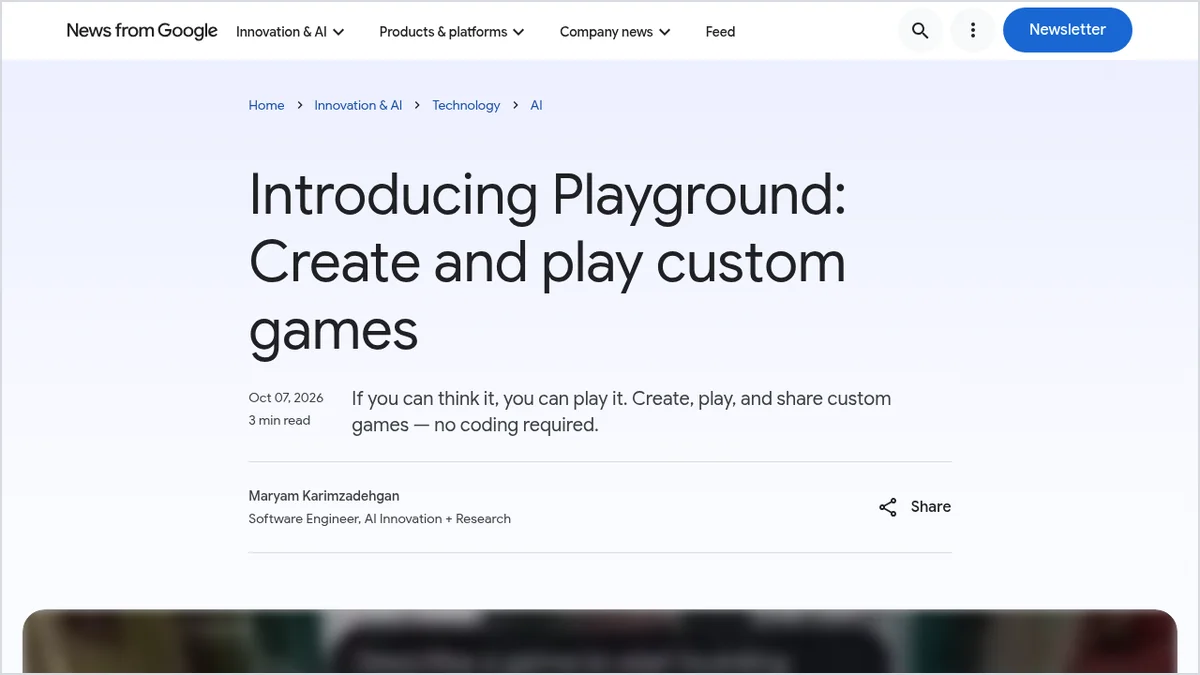 Screenshot of Google's official blog post introducing Playground, a platform for creating games from text prompts