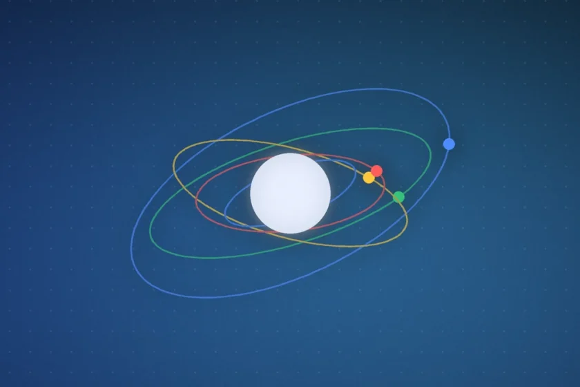 Illustration: geometric orbit and satellite in Google tones, suggesting spaceborne compute research