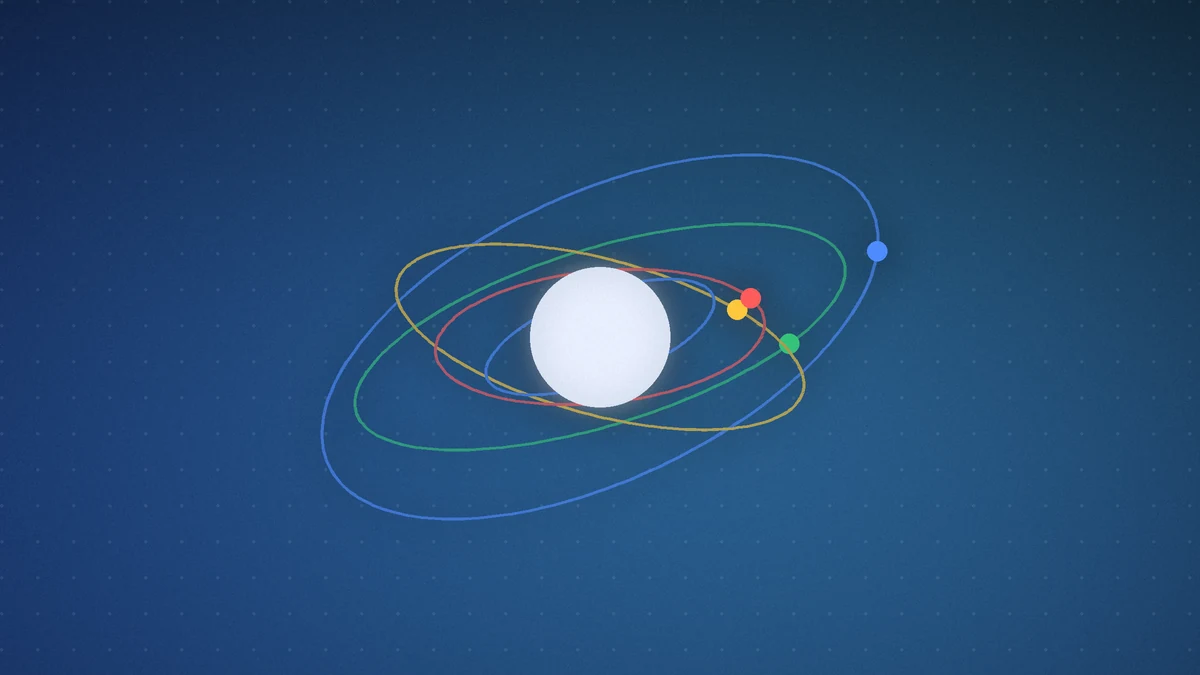 Illustration: geometric orbit and satellite in Google tones, suggesting spaceborne compute research