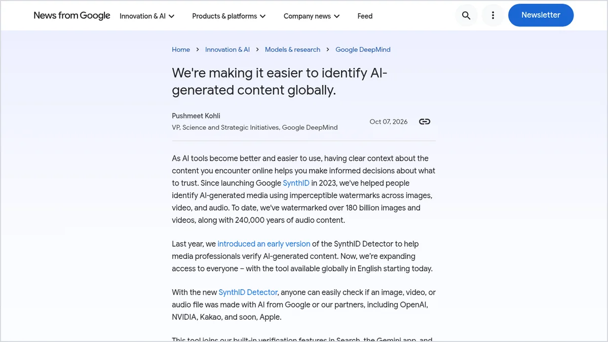 Screenshot of Google's official blog post about expanding SynthID Detector to everyone