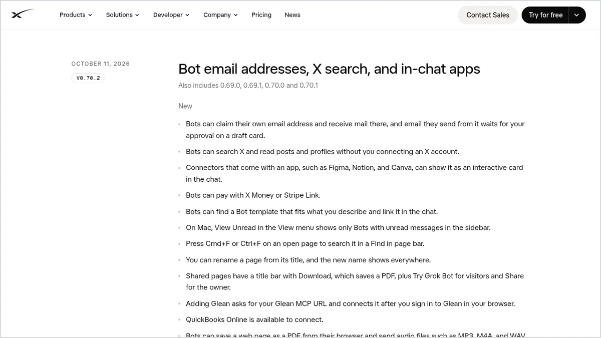 Screenshot of the official Grok Bot changelog for version 0.70.2: bot email addresses, X search and in-chat apps