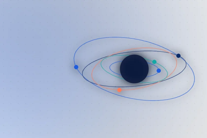 Illustration: a dark blue sphere with colored orbits around it, suggesting a product stack connecting to businesses
