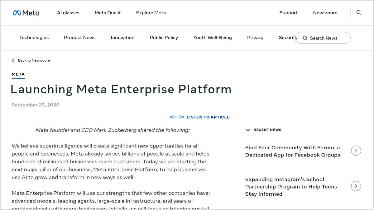 צילום מסך של ההודעה הרשמית של Meta על השקת Meta Enterprise Platform