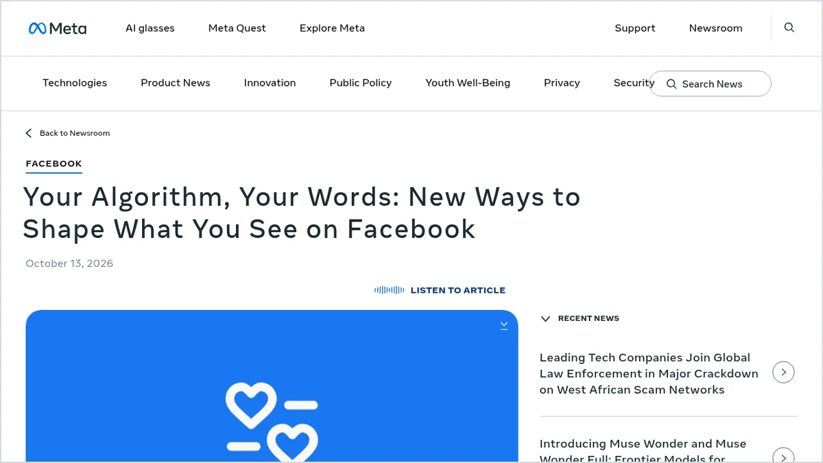 צילום מסך של ההודעה הרשמית של Meta על Your algorithm בפייסבוק