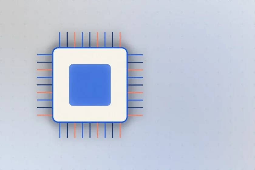 Illustration: a chip with pins and circuit traces on a Meta-toned background, representing open hardware gadgets