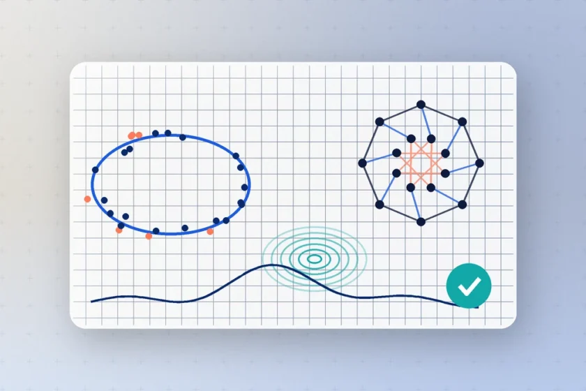 Illustration: a grid-paper card with an ellipse fitted to points, a symmetric graph, converging wave rings and a check mark, representing math research with Muse Spark