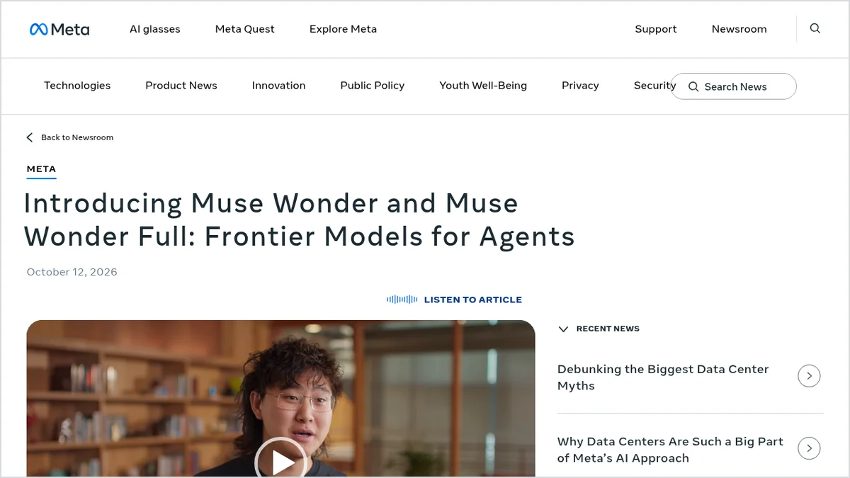 צילום מסך של ההודעה הרשמית של Meta על Muse Wonder ו־Muse Wonder Full בחדר החדשות של החברה