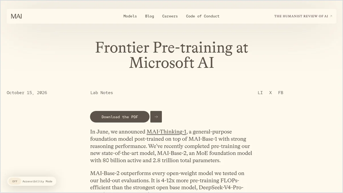 צילום מסך של עמוד Frontier Pre-training at Microsoft AI על MAI-Base-2, מ־15 באוקטובר 2026