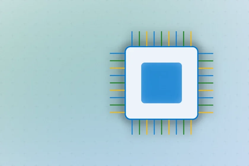 Illustration: a processor chip in blue and green tones with glowing circuit lines, representing Microsoft Maia 300