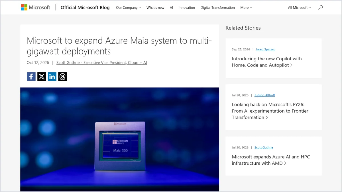 צילום מסך מהבלוג הרשמי של Microsoft על הרחבת מערכת Azure Maia והשבב Maia 300
