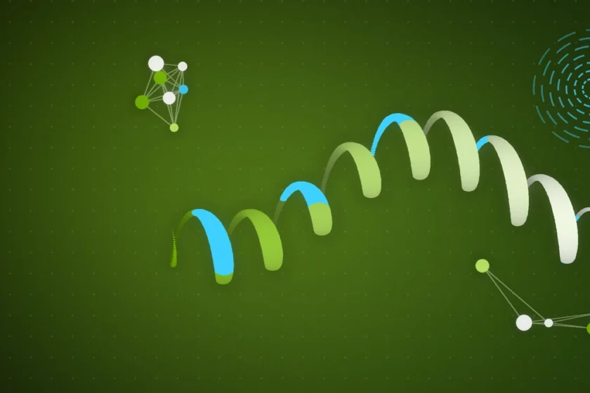 Illustration: a green, cyan and white helix next to small molecule clusters on a dark green background, representing scientific research accelerated by AI and computing