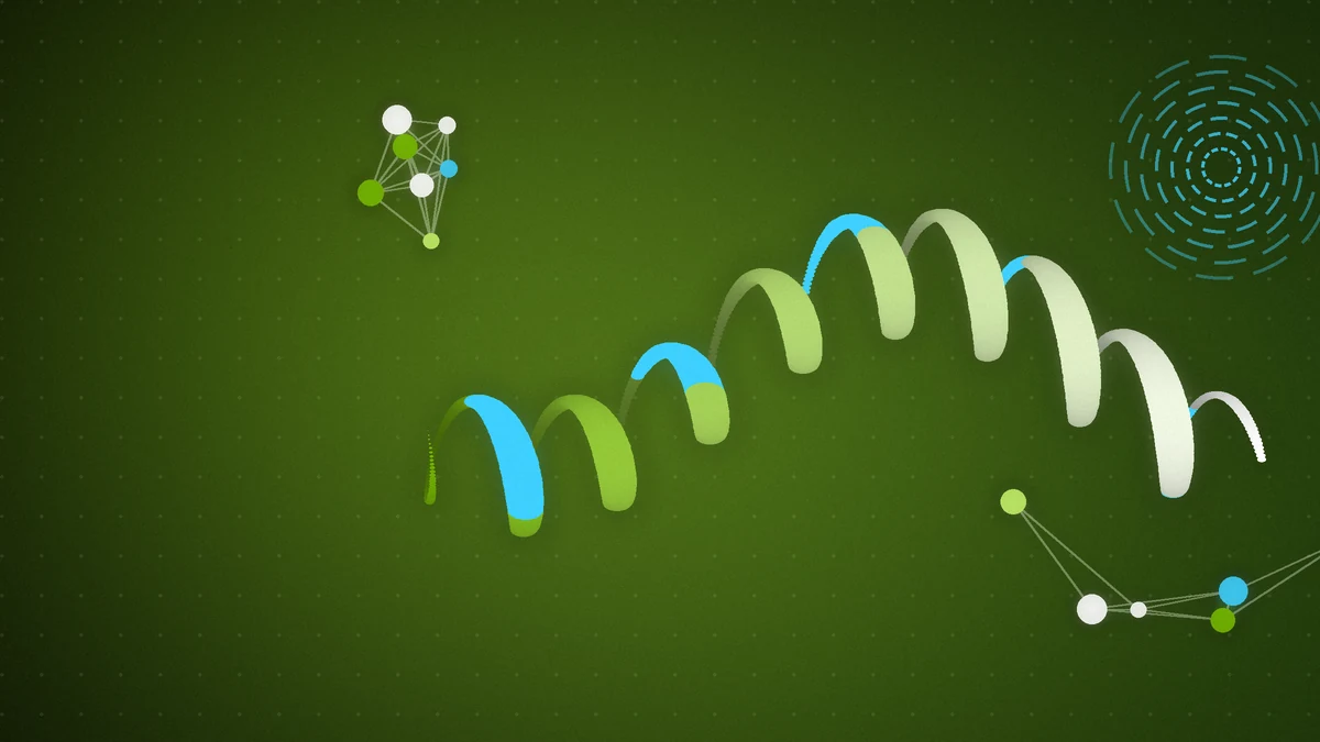 Illustration: a green, cyan and white helix next to small molecule clusters on a dark green background, representing scientific research accelerated by AI and computing