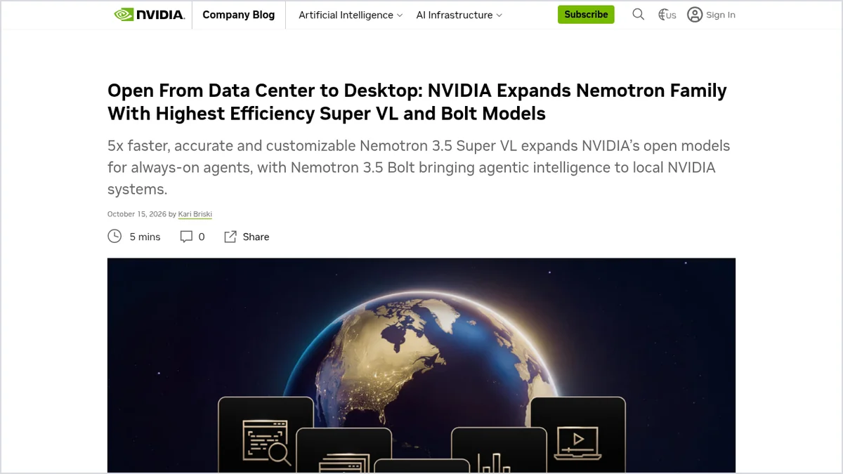 Screenshot of NVIDIA's blog post on Nemotron 3.5 Super VL and Bolt, October 15, 2026