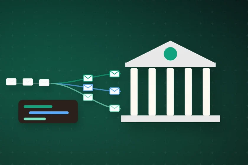 Illustration: a row of messages branching into three colored paths that lead to a large columned building on a dark green background, next to a text panel, suggesting company knowledge flowing to AI agents
