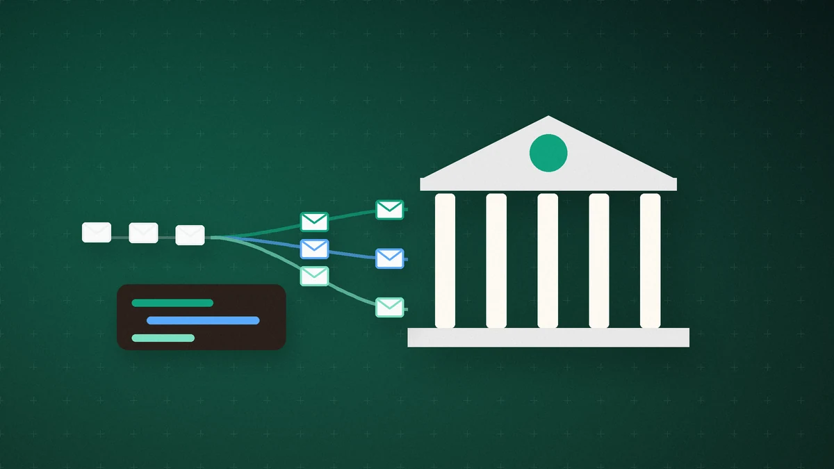 Illustration: a row of messages branching into three colored paths that lead to a large columned building on a dark green background, next to a text panel, suggesting company knowledge flowing to AI agents