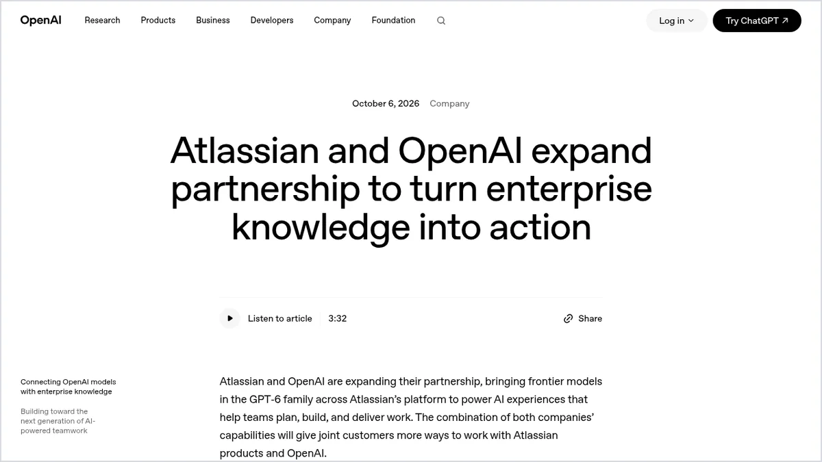 צילום מסך של הפוסט הרשמי של OpenAI על הרחבת השותפות עם Atlassian