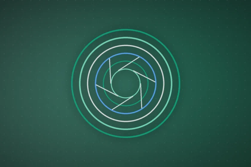 Illustration: a lens aperture inside green and blue rings on a dark green background, suggesting a close look at financial data