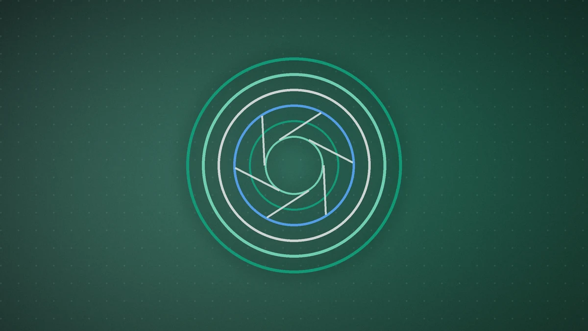 Illustration: a lens aperture inside green and blue rings on a dark green background, suggesting a close look at financial data