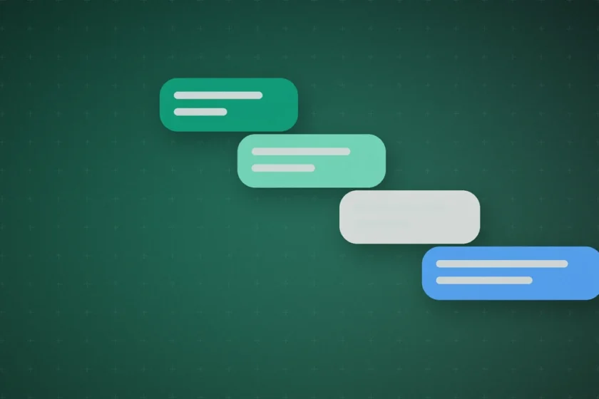 Illustration: chat bubbles in green, gray and blue arranged in steps on a dark green background, suggesting a ChatGPT conversation