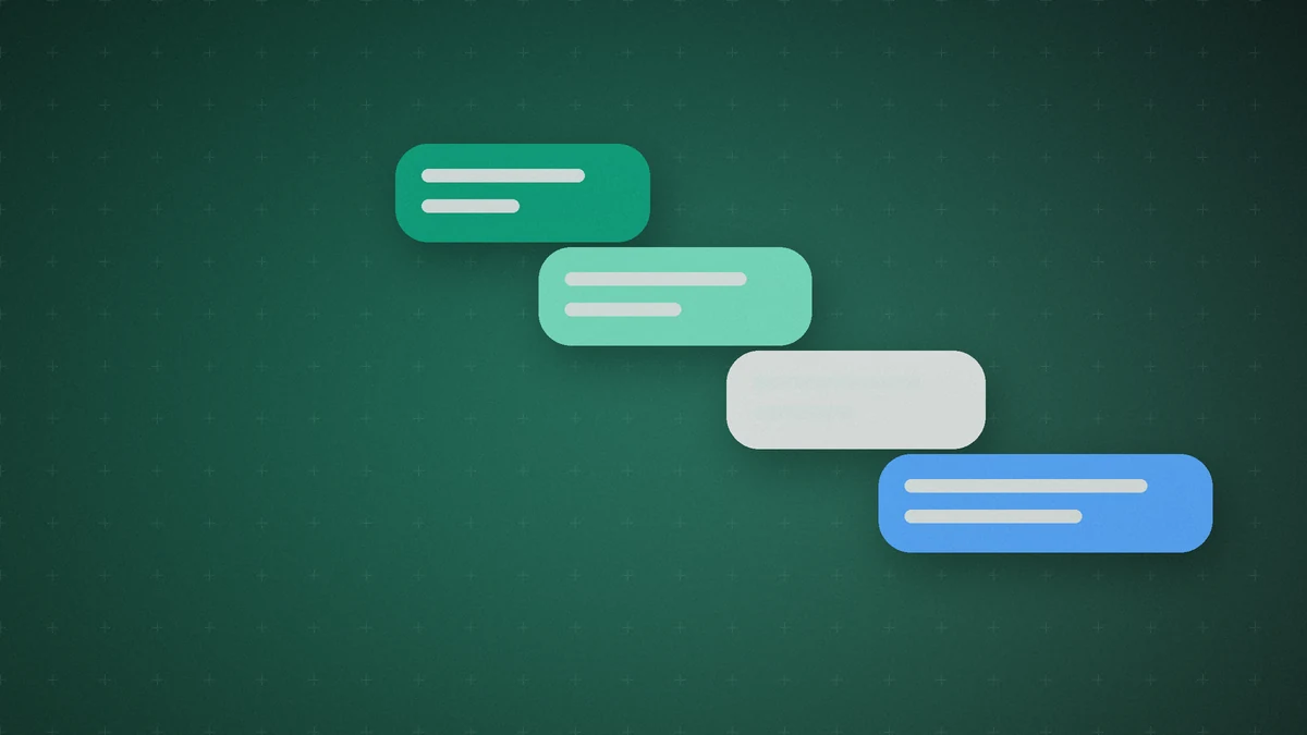 בועות שיחה בגווני ירוק, אפור וכחול מסודרות במדרגות על רקע ירוק כהה, המסמלות שיחה ב־ChatGPT