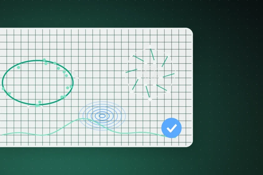 Illustration: a sheet of graph paper on a dark green background with an ellipse, a curve and geometric lines, plus a blue check mark suggesting verified proofs