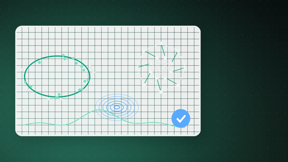 Illustration: a sheet of graph paper on a dark green background with an ellipse, a curve and geometric lines, plus a blue check mark suggesting verified proofs