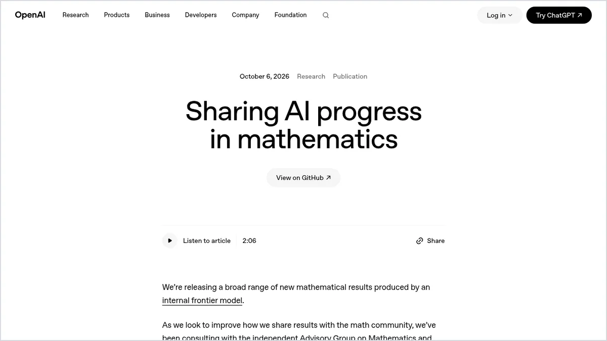 צילום מסך של הפוסט הרשמי של OpenAI על פרסום תוצאות מתמטיות של מודל פנימי