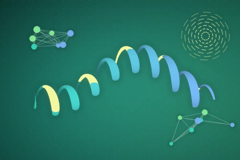 Illustration: a teal and blue protein helix with highlighted yellow segments and watermark-style fingerprint rings