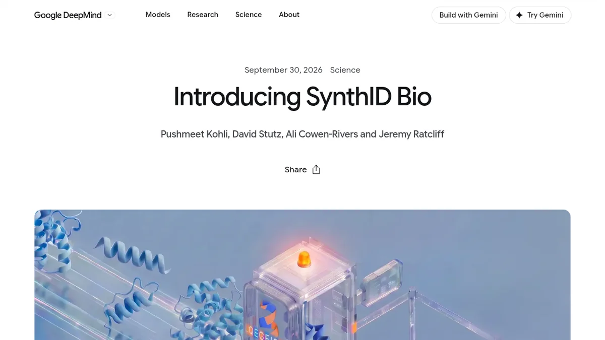 צילום מסך של עמוד ההכרזה Introducing SynthID Bio בבלוג הרשמי של Google DeepMind