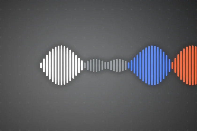 Grok Voice 3.0: גלי קול בלבן, אפור, כחול וכתום על רקע כהה, שמסמלים שיחה קולית בין אדם לסוכן